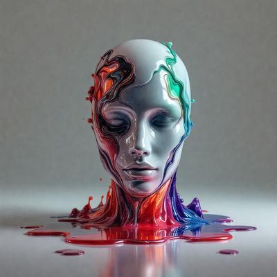 The primary subject of the image is a sculpture of a head, which is made of glass and features a colorful, swirling design. The head is placed on a white surface, which serves as the background. The visual style of the image is a combination of photo and digital art, as it captures the intricate details of the glass sculpture. The colors and mood of the image are vibrant and lively, with the swirling patterns and colors creating a dynamic and engaging atmosphere.